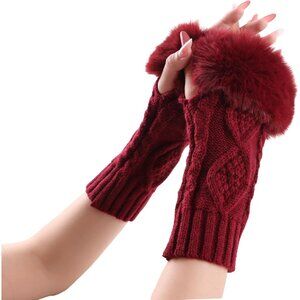 Women's Wine Red Winter Arm Warmers Wrist Thumb Hole Faux Fur Fingerless Gloves